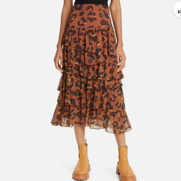 Farm Rio Caramel Maxi Leopard Frill Ruffle Skirt Brown/Black Size XL NWT - Picture 6 of 11